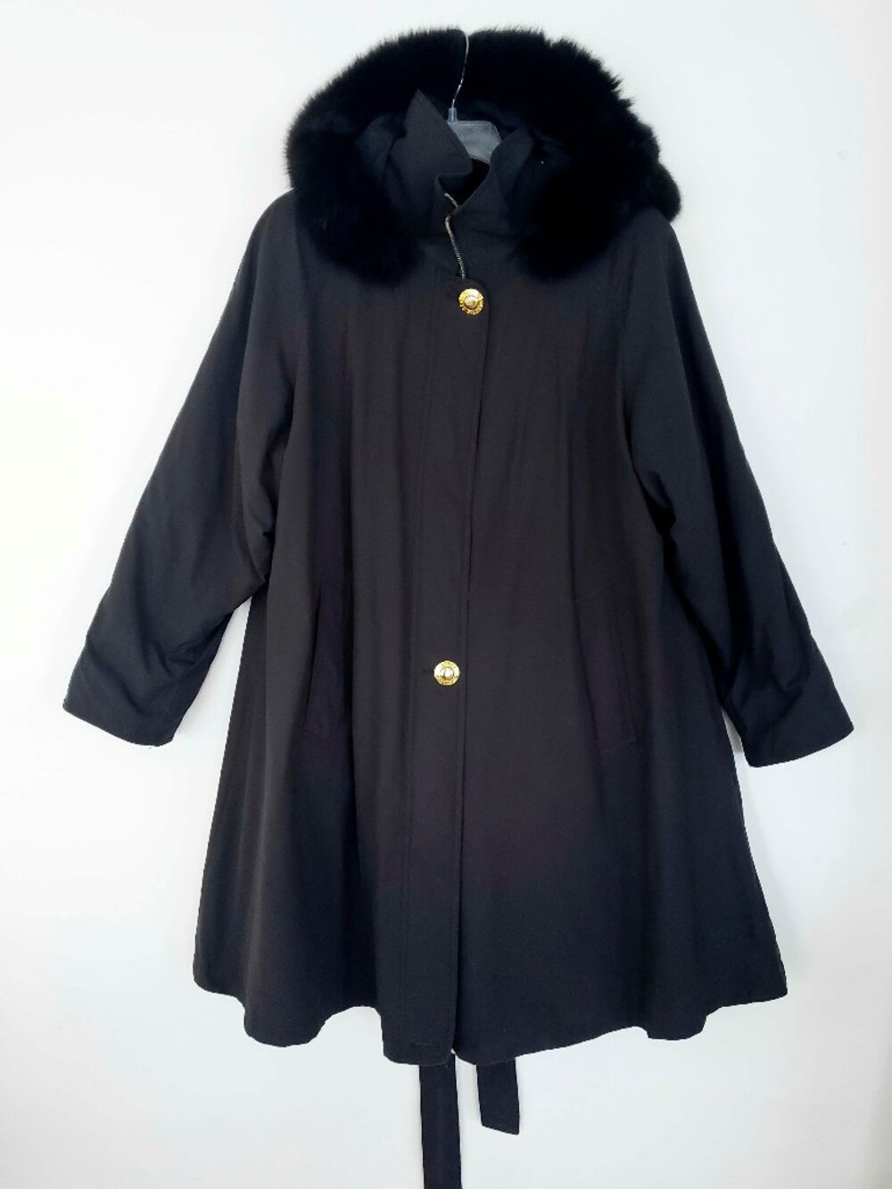 Vintage Jean-Louis Scherrer Black Ladies Overcoat with Fur Trim Hood XL